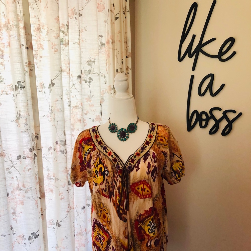 Life Style - Boho Multi Color Top - Embroider Neck